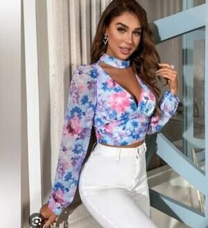 Zara Purple & Blue Floral Long Sleeve V-neck Top Choker Collar Size Large
